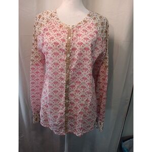 Sundance Catalog 100% cotton Y2k Boho mixed  pattern Button Down shirt Top Small